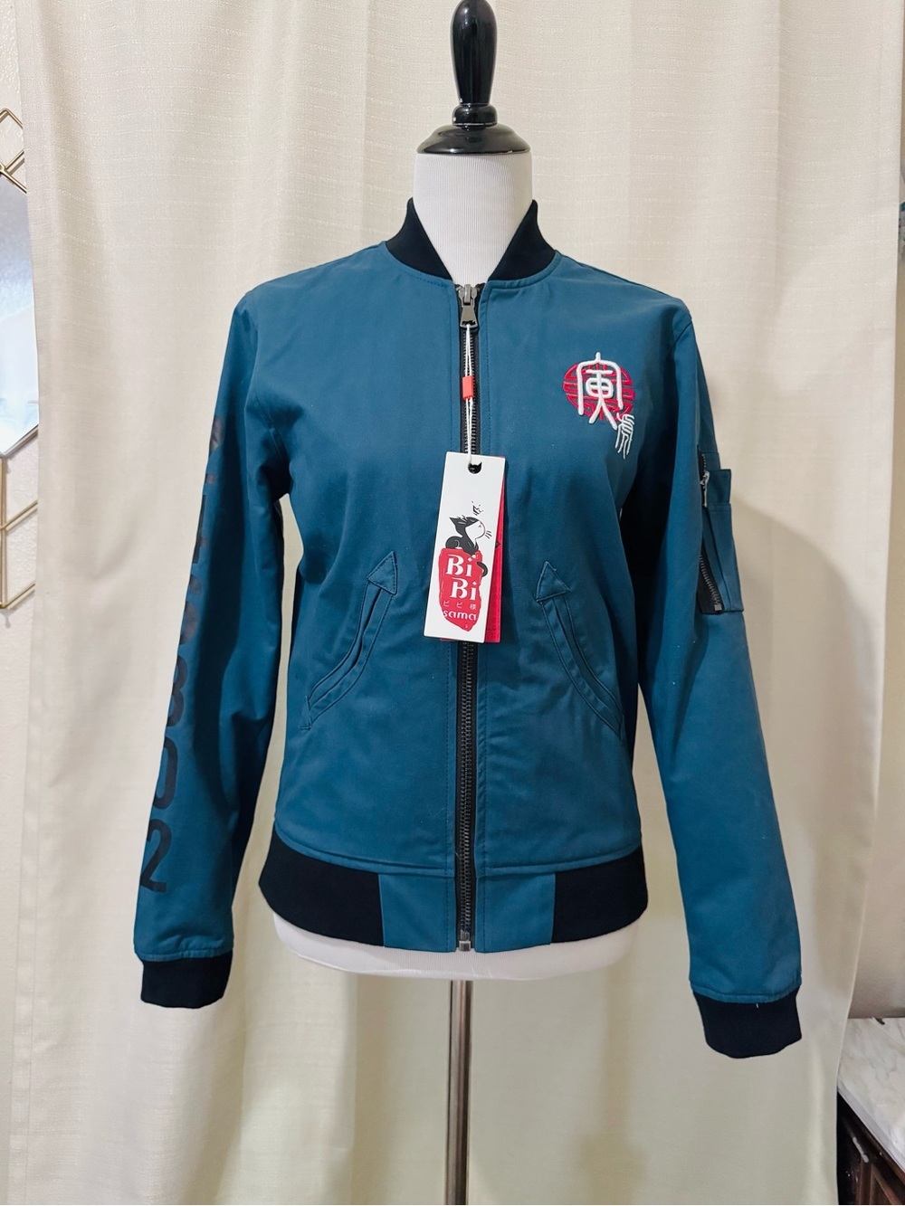 B.Bi Sama Men’s Embroidered Tiger Bomber Jacket Teal Blue Streetwear NWT Sz XS-S